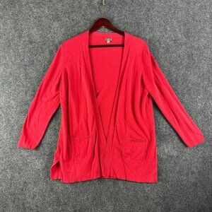 J Jill Sweater Womens Medium Red Open Cardigan Long Sleeve Pockets Split Hem